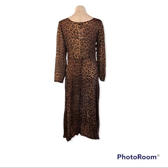 Vintage 90s Womens Maxi Dress Long Sleeve Sheer Leopard Print Brown Tan Small - Picture 6 of 9